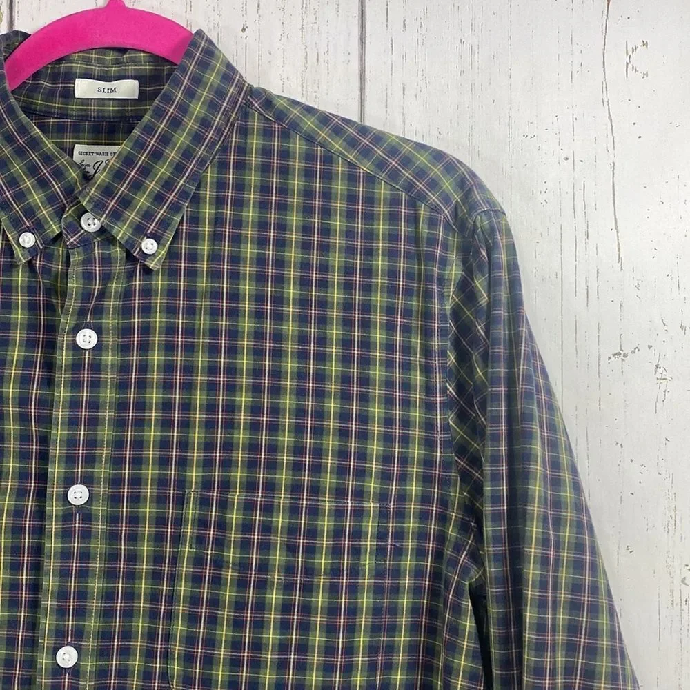 J Crew Mens Slim Fit Plaid Stretch Secret Wash Button Down Shirt